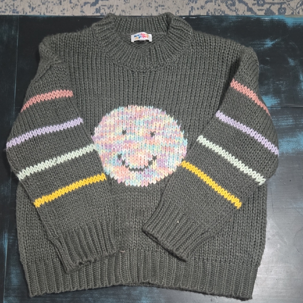 Smiley Face Charcoal Knit Sweater with Multicolor Accents